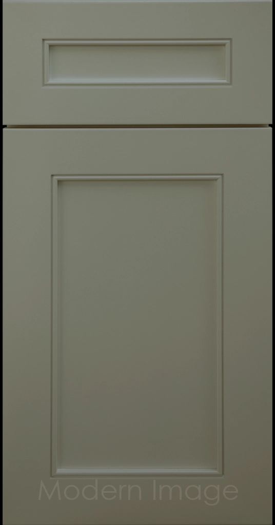 Highland Evergreen painted Shaker kitchen cabinet door with wide rails and a flat center panel.